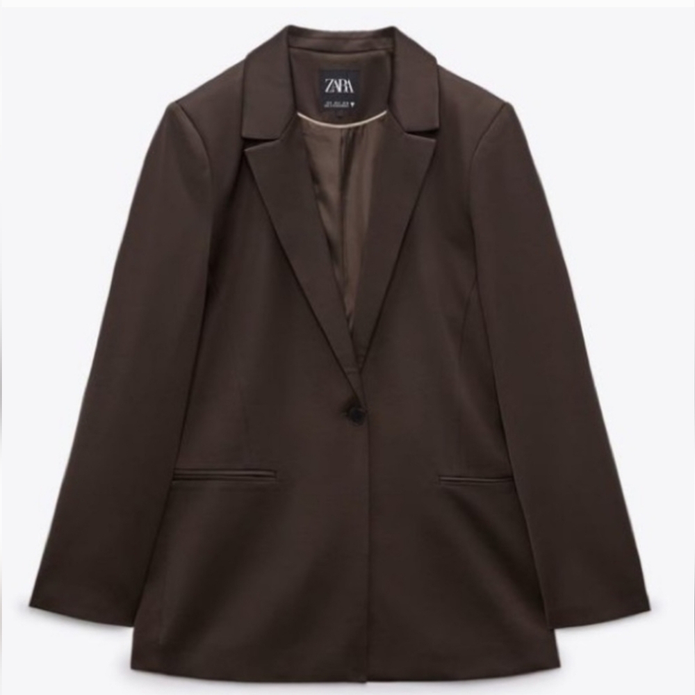 ZARA Satin Effect Blazer Brown Size L - Picture 9 of 15
